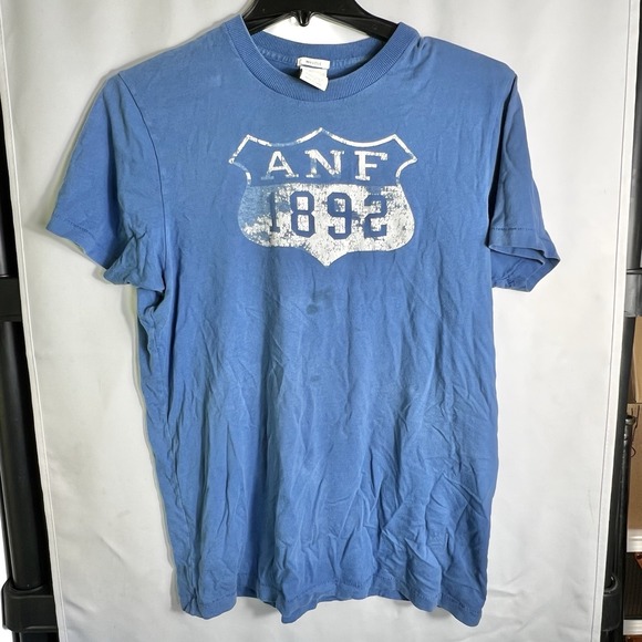 Y2K Abercrombie & Fitch Blue Graphic T-Shirt XL ANF 1892 Distressed Logo READ - Picture 1 of 9
